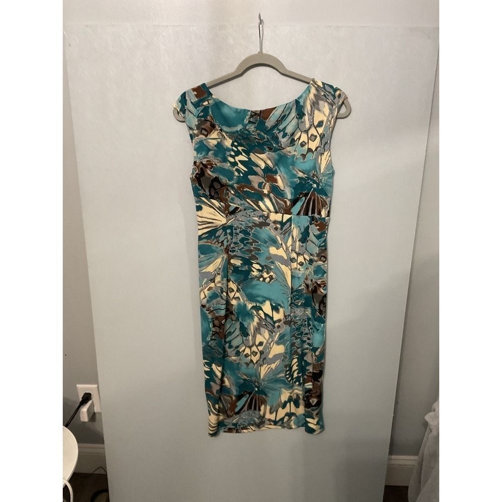 Dressbarn Womens Sheath Dress Side Knot Abstract Butterfly Print Teal Size 10 - Picture 3 of 5